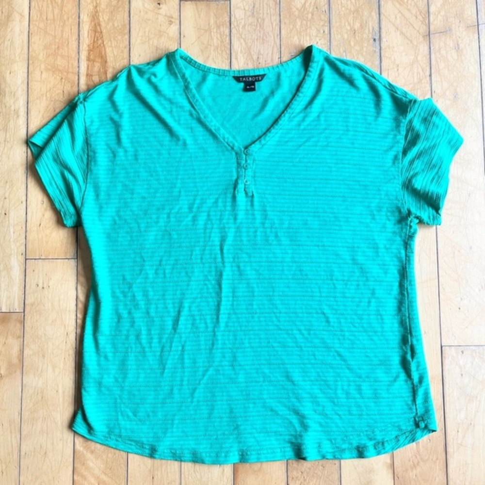 Talbots Aqua Turquoise Short Sleeve V-Neck buttons T-Shirt Size XL